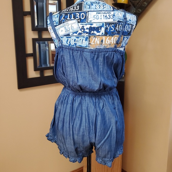 DENIM TANK TOP RUFFLE EDGE SHORTS ROMPER - Picture 3 of 8